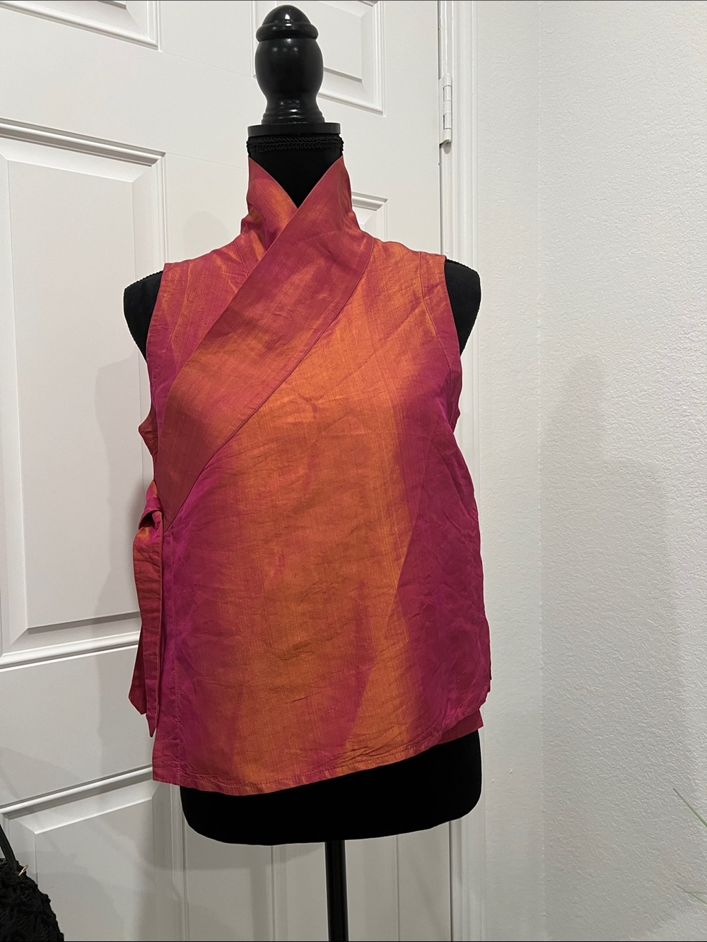 Sleeveless Wrap-Front Top in Pink chrome Sz 2 (item 001)
